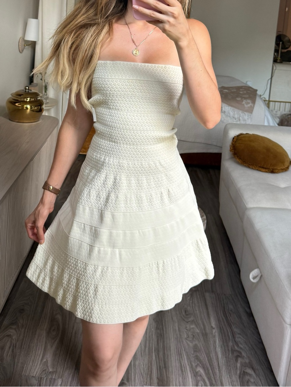 Whitney Eve Cream bandage Strapless Textured Knit Fit & Flare Mini Dress S